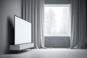 Modern television screen with white empty place for mock up hanging on grey wall next window with curtain