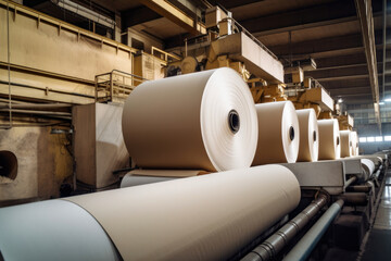 Modern paper mill factory with machines turning wood pulp into rolls of paper for various uses, generative ai - obrazy, fototapety, plakaty
