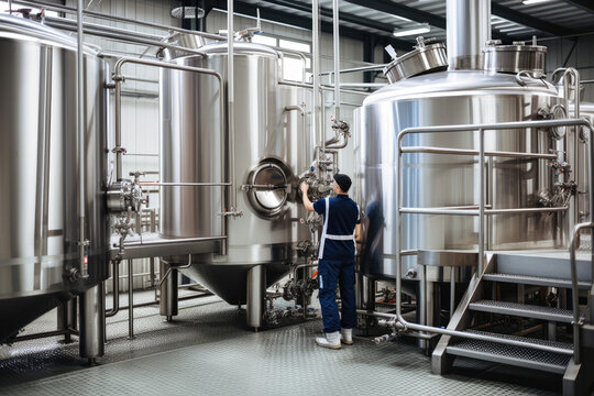 Modern brewery facility with large stainless-steel tanks, pipes, and workers monitoring the beer production process, generative ai