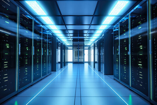 Modern data center facility with rows of server racks, glowing LED lights, and technicians maintaining the equipment, generative ai