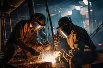 Fototapeta premium Molten Metal Glows as Welders Work on Shipbuilding in a Shipyard, generative ai