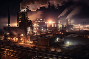 Nighttime view of a sugar factory, with its illuminated structure, smokestacks, and steam rising from the production process, generative ai