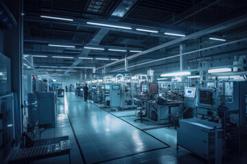 Obraz premium Night scene of a brightly lit, high-tech factory with state-of-the-art robotics and machinery producing electronic components, generative ai