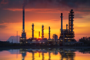 Obraz premium Oil refinery at sunset, emitting smoke while producing fuel for transportation, generative ai