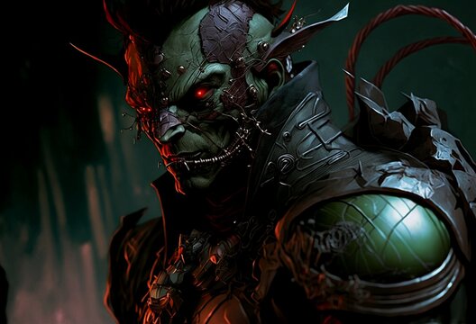 portrait of green goblin with red eyes created with generative AI technology 