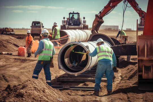 Oil and gas industry workers collaborating on a pipeline construction project, with heavy machinery and equipment on site, generative ai