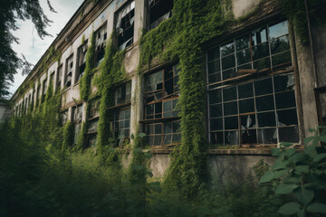 Fototapeta premium old abandoned factory with overgrown vegetation and broken windows, generative ai
