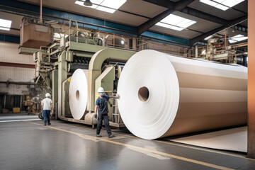 Paper mill with workers operating machinery to produce paper rolls, large vats filled with pulp, recycling and sustainability, generative ai - obrazy, fototapety, plakaty