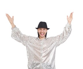 Performer in shiny costume isolated on white