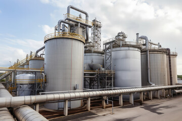 Panoramic view of a sugar factory's exterior, with storage silos, smokestacks, and a network of pipes and conveyors, generative ai