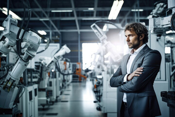 Pensive businessman standing amidst robotic machinery in an industrial setting, envisioning the future of manufacturing and automation, generative ai