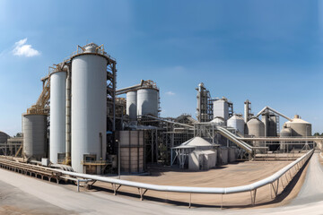 Obraz premium Panoramic view of a sugar factory's exterior, with storage silos, smokestacks, and a network of pipes and conveyors, generative ai
