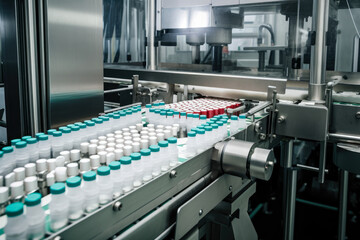 Obraz premium Production of Medicine in a Pharmaceutical Factory, generative ai