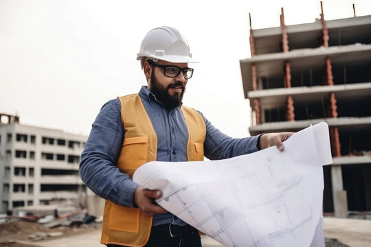Portrait of a smiling engineer in work clothes holding a blueprint and pointing at a construction site, generative ai