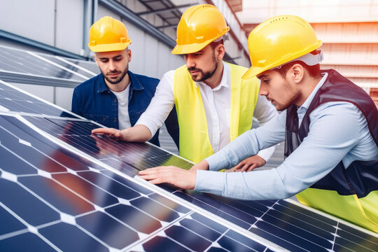 Satisfied employees in a solar panel manufacturing facility examining a completed panel, generative ai
