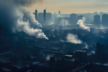 Fototapeta premium Smoke billowing from factory chimneys in a dystopian industrial landscape, with polluted water and smog-covered cityscape in the background, generative ai