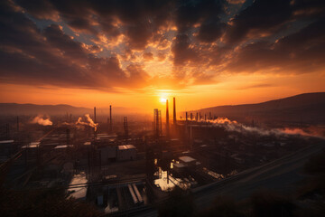Fototapeta na wymiar Spectacular sunset over a sprawling industrial complex with smokestacks and machinery
