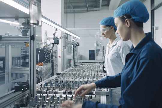 Smiling workers in a bright, automated factory assembling robots with precision and efficiency, generative ai