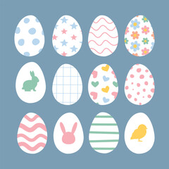 Vector set of hand drawn flat Easter egg isolated on blue background