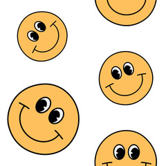 Vector seamless pattern of retro groovy face with smile isolated on white background