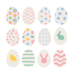 Vector set of different color hand drawn flat Easter egg isolated on white background