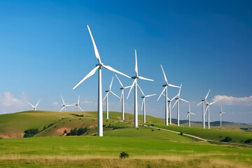 Sustainable wind farm on a green hill with modern wind turbines generating clean energy against a blue sky, generative ai - obrazy, fototapety, plakaty