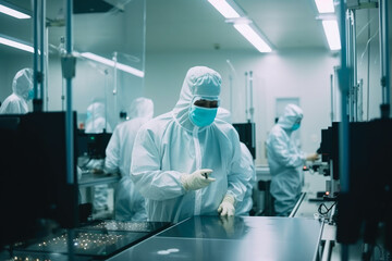 Team of workers wearing protective suits and masks in a semiconductor manufacturing cleanroom, generative ai