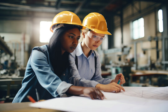 team of female workers in hard hats collaborating on an engineering project in an industrial facility, generative ai