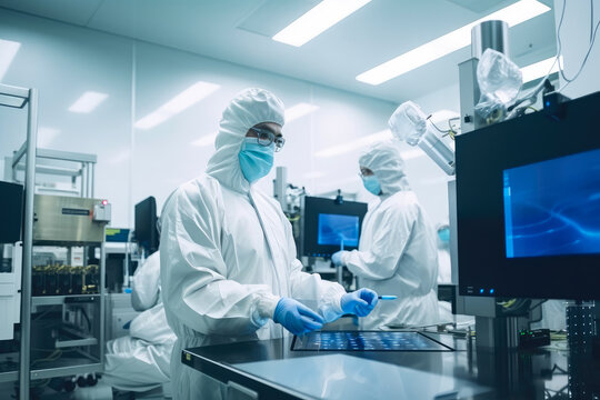 Team of workers wearing protective suits and masks in a semiconductor manufacturing cleanroom, generative ai