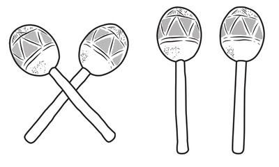 Outline drawing of rattles maracas. Indigenous musical instruments made with gourd and seeds. Vector illustration isolated on white background.