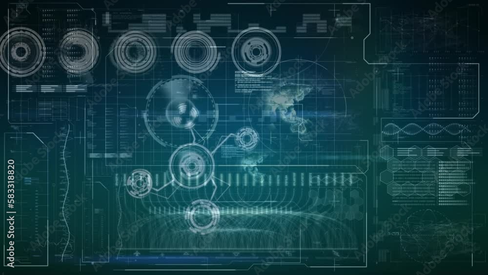Poster animation of loading circles, globes, soundbars, dna helix over abstract pattern on blue background