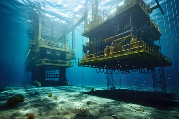 Underwater scene of an oil and gas subsea production system, complete with wells, manifolds, and pipelines, generative ai