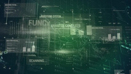 Animation of computer language over texts, map, graphs, loading bars, globe on abstract background