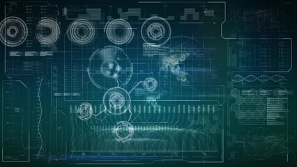 Animation of loading circles, globes, soundbars, dna helix over abstract pattern on blue background - Powered by Adobe