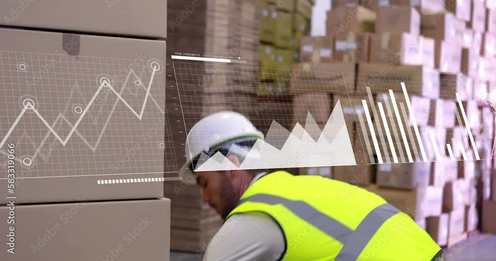 Poster animation of financial data processing over caucasian man working in warehouse