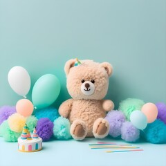 Background of a cute bear. Wallpaper illustration. Front view with copy space for text information or content. Concept of writing paper, birthday card, invitation card. Generative AI.