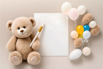 Background of a cute bear. Wallpaper illustration. Top view and flat lay with copy space for text information or content. Concept of writing paper, birthday card, invitation card. Generative AI.