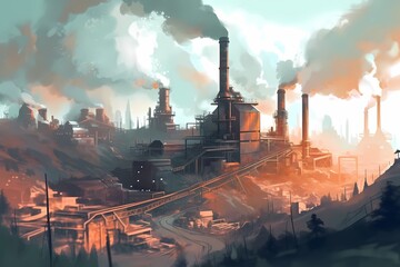 A painting of a coal plant emitting smoke above a mining town. Generative AI