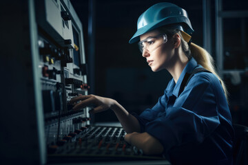 Young female worker operating modern factory equipment, generative ai