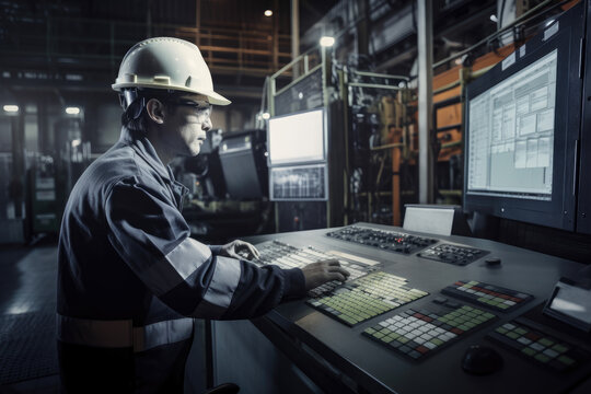 worker in a hard hat and safety gear using a computer to control and monitor the operation of heavy machinery in a steel mill, generative ai