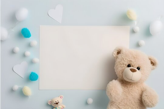 Background of a cute bear. Wallpaper illustration. Top view and flat lay with copy space for text information or content. Concept of writing paper, birthday card, invitation card. Generative AI.