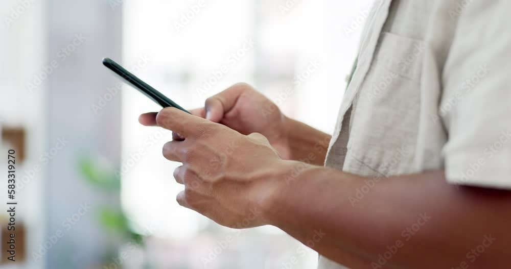 Poster closeup, man and hands with smartphone, typing and connection for social media, texting and email. z