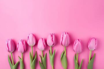 pink tulips on a pink background, wallpaper, mothers day, sale, background, flowers,  flat lay style, greetings 