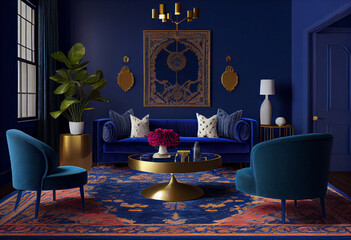 Interior design of a bold living room design with rich, royal blue walls and plush, jewel-toned rugs for a regal ambiance | Modern and luxurious living room | Generative Ai