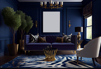 Interior design of a bold living room design with rich, royal blue walls and plush, jewel-toned rugs for a regal ambiance | Modern and luxurious living room | Generative Ai