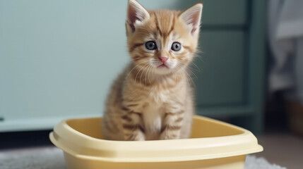 The kitten sits in the litter box. Scottish kitten pees in a litter box. Generative AI.