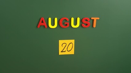 Hand sticking a sticker 20 August calendar day on school board. 20 date of august. Twentieth day of august. 20th date number. 20 day calendar. Twenty date. Hungary State Foundation Day, World Mosquito