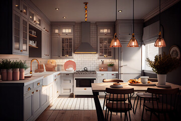 Interior design of a cozy and intimate kitchen design that includes soft lighting, comfortable seating, and warm textures | Modern, sophisticated and luxurious kitchen | Generative Ai | Indoor Décor