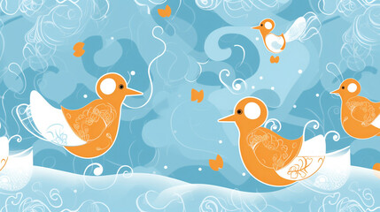 Orange birds on a snowy blue background wallpaper illustration