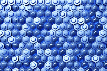 3d illustration honeycomb mosaic. Realistic texture of geometric grid cells. Abstract blue wallpaper with hexagonal grid.